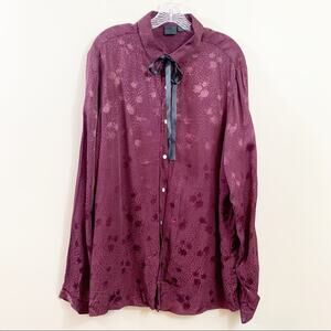 ASOS Button Down Burgundy Satin Pattern Black Ribbon Tie Neck Top